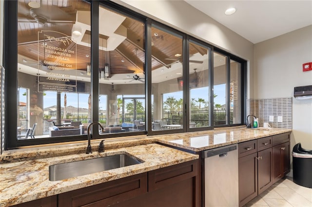 kitchen with light stone counters, dishwasher, sink, and wooden ceiling