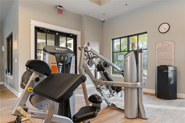 workout area with light hardwood / wood-style flooring