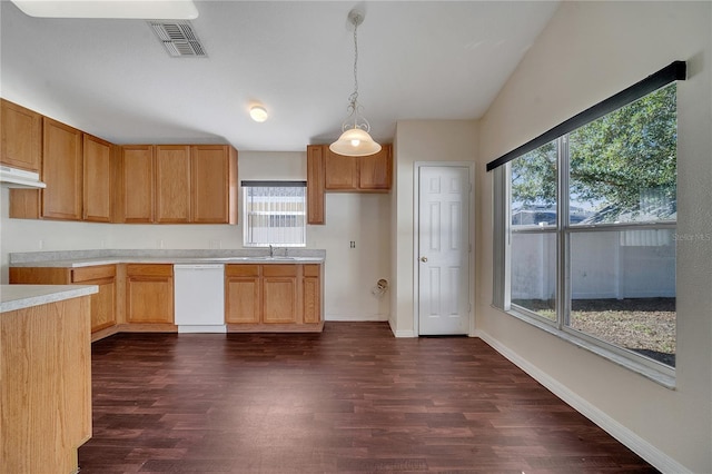 kitchen with lofted ceiling, sink, dark wood-type flooring, dishwasher, and decorative light fixtures