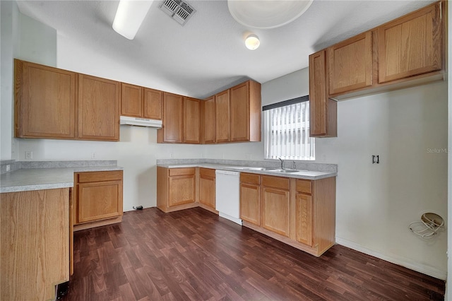 kitchen with sink, dark hardwood / wood-style floors, and dishwasher