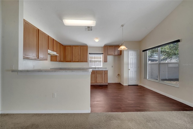 kitchen with dark hardwood / wood-style flooring, hanging light fixtures, vaulted ceiling, and kitchen peninsula