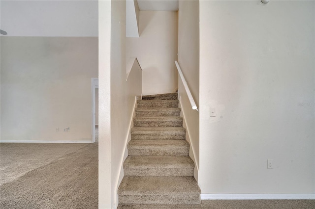 staircase featuring carpet