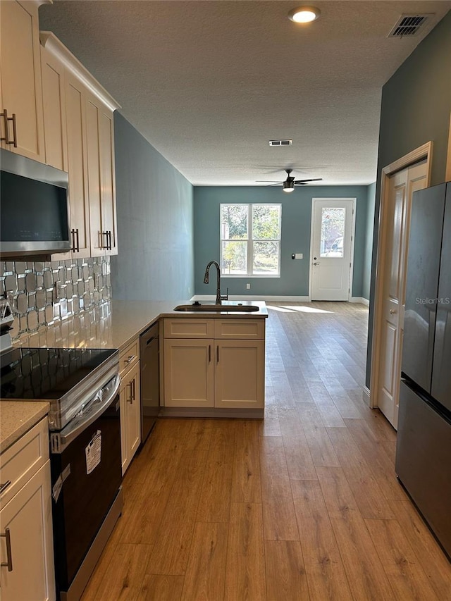 kitchen featuring sink, light hardwood / wood-style flooring, appliances with stainless steel finishes, kitchen peninsula, and decorative backsplash