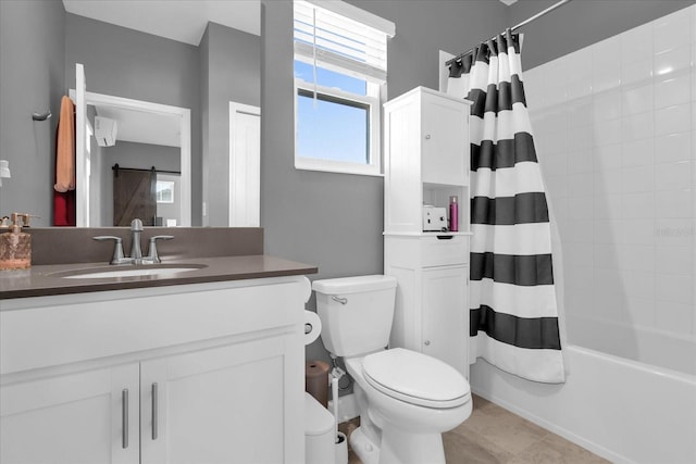 full bathroom with shower / bath combination with curtain, vanity, toilet, and tile patterned flooring