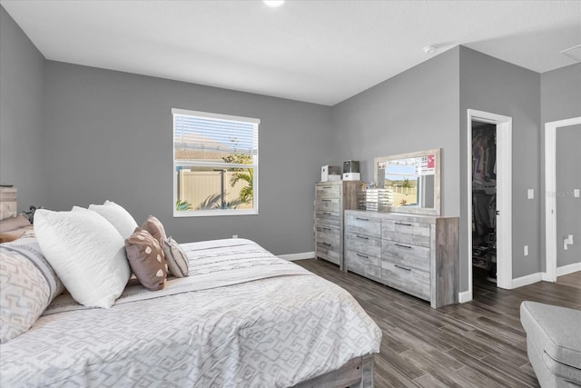 bedroom with a spacious closet, dark hardwood / wood-style flooring, and a closet