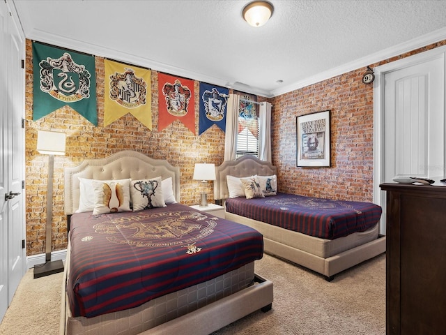 bedroom with ornamental molding, brick wall, light carpet, and a textured ceiling