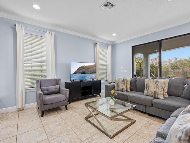 tiled living room featuring ornamental molding and a wealth of natural light