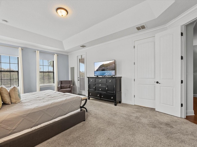 bedroom with a raised ceiling, crown molding, and carpet