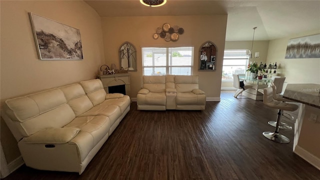 living room featuring lofted ceiling and dark hardwood / wood-style flooring