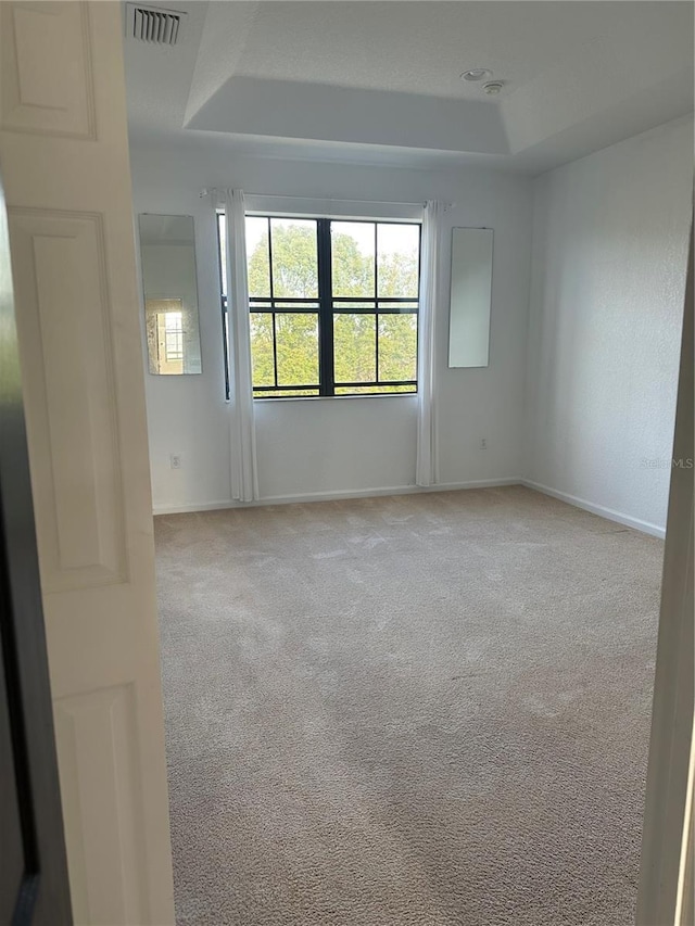 carpeted empty room featuring a tray ceiling