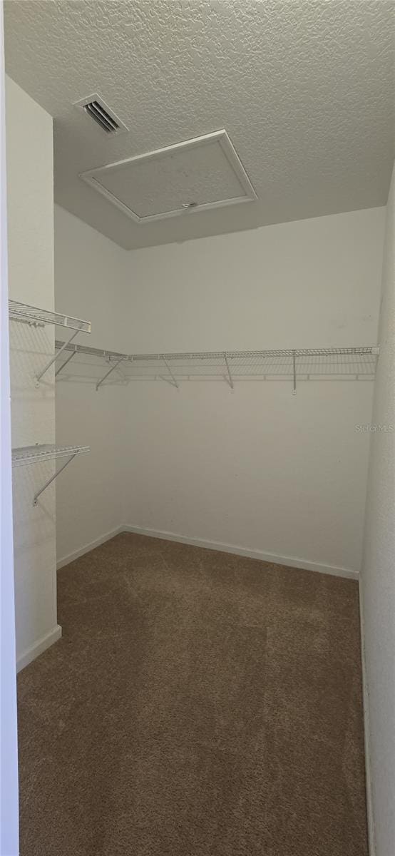 walk in closet featuring dark carpet