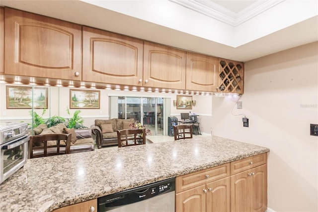 kitchen with dishwasher, light stone countertops, ornamental molding, and light brown cabinets