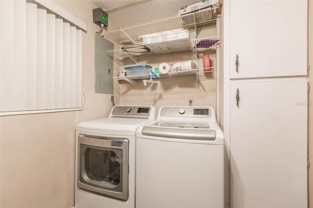 laundry room featuring electric panel and washing machine and clothes dryer