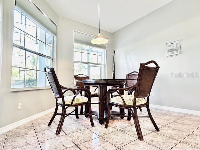 dining room with light tile patterned flooring, plenty of natural light, and baseboards