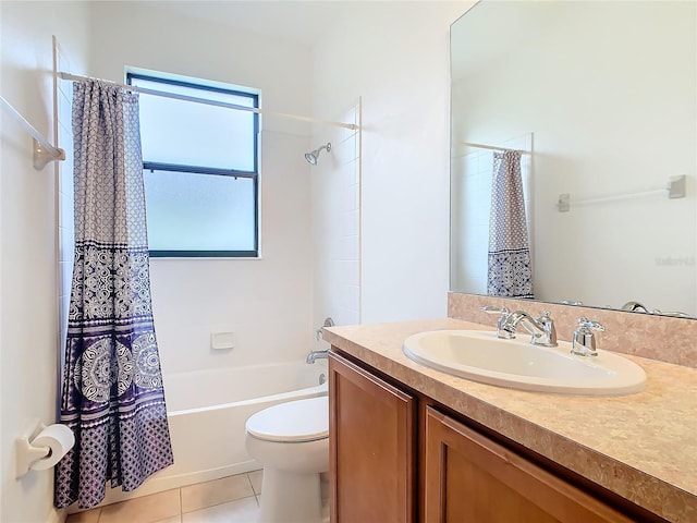 full bathroom featuring shower / tub combo with curtain, vanity, toilet, and tile patterned flooring