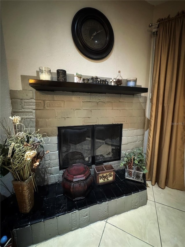 details with a brick fireplace