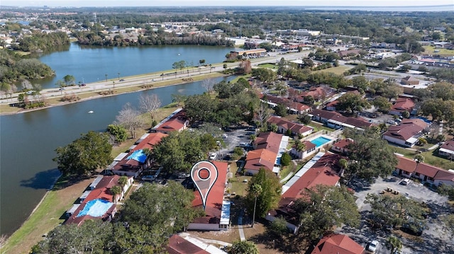 drone / aerial view featuring a water view