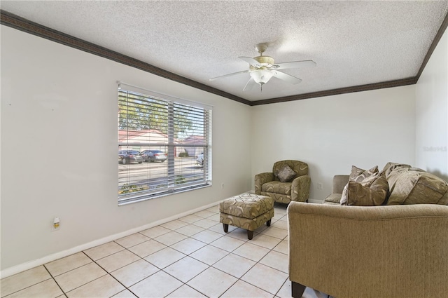 46 W Marbrisa Way, Kissimmee, FL 34743 - living area featuring crown molding, a ceiling fan, a textured ceiling, and light tile patterned floors