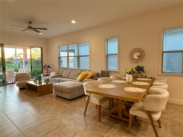 interior space featuring ceiling fan and light tile patterned flooring