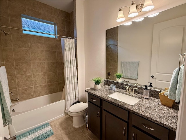 full bathroom with shower / bath combination with curtain, vanity, toilet, and tile patterned flooring