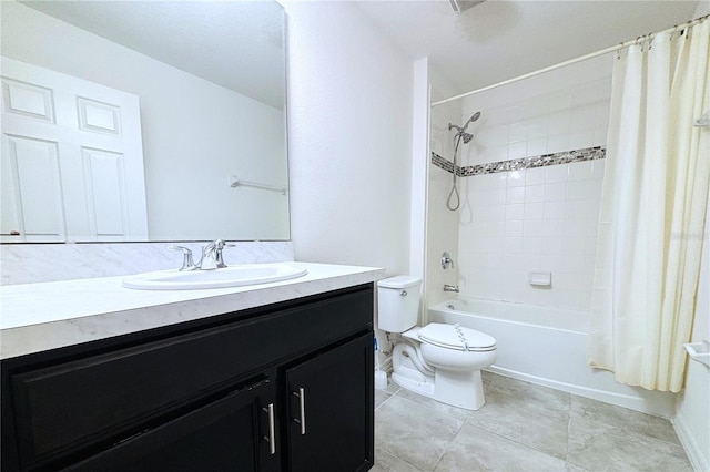 full bathroom with toilet, vanity, and shower / bath combo with shower curtain