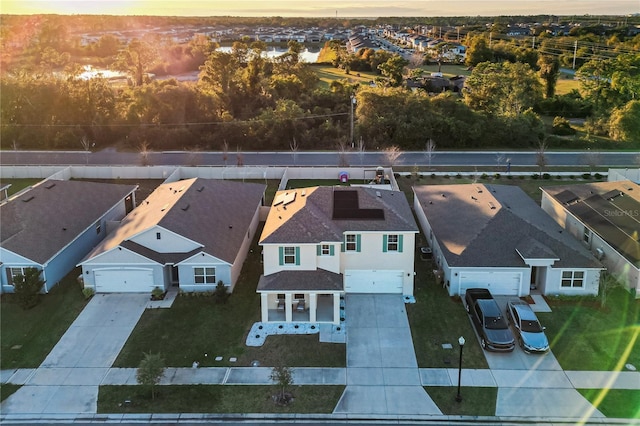 view of aerial view at dusk