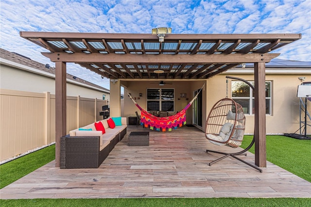 view of patio / terrace featuring ceiling fan, outdoor lounge area, a pergola, and a deck