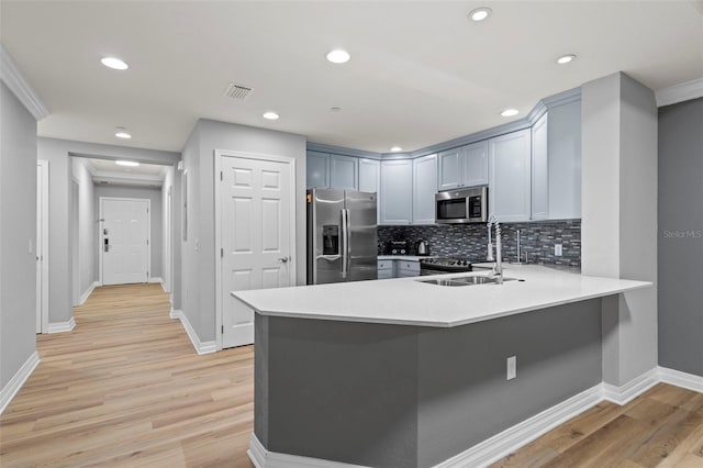 kitchen featuring stainless steel appliances, kitchen peninsula, sink, and backsplash