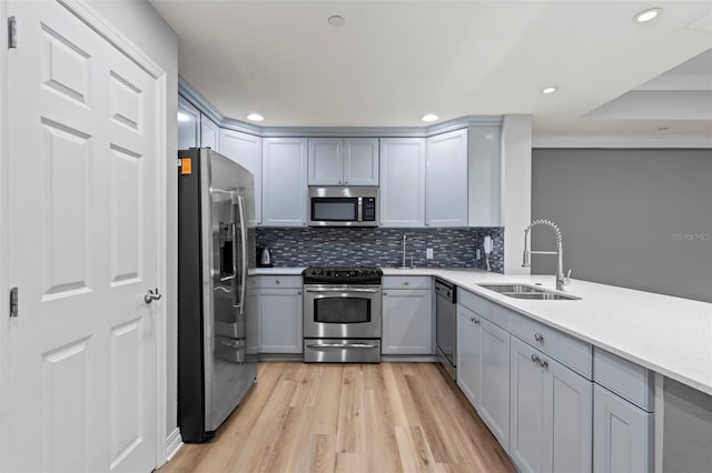 kitchen featuring gray cabinets, appliances with stainless steel finishes, tasteful backsplash, sink, and light hardwood / wood-style floors