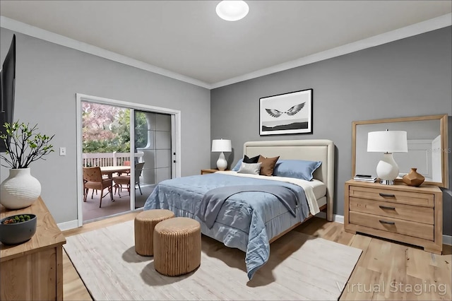 bedroom featuring light wood-style floors, crown molding, access to outside, and baseboards