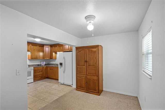 kitchen with white appliances, range hood, light colored carpet, and a textured ceiling