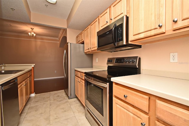 kitchen with sink, a textured ceiling, light brown cabinets, light tile patterned floors, and appliances with stainless steel finishes