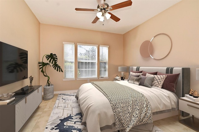 bedroom with light tile patterned flooring and ceiling fan