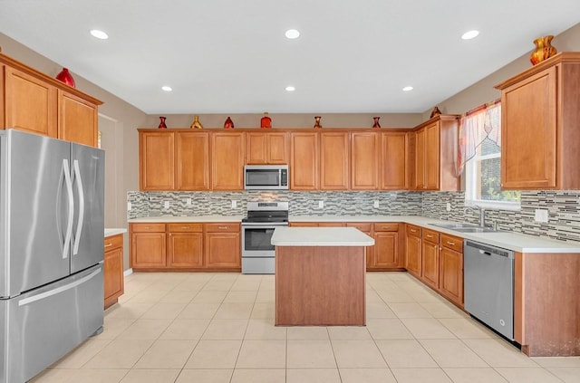 kitchen with a center island, appliances with stainless steel finishes, sink, and decorative backsplash