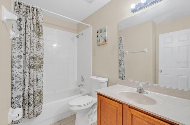 full bathroom featuring tile patterned flooring, vanity, shower / bathtub combination with curtain, and toilet