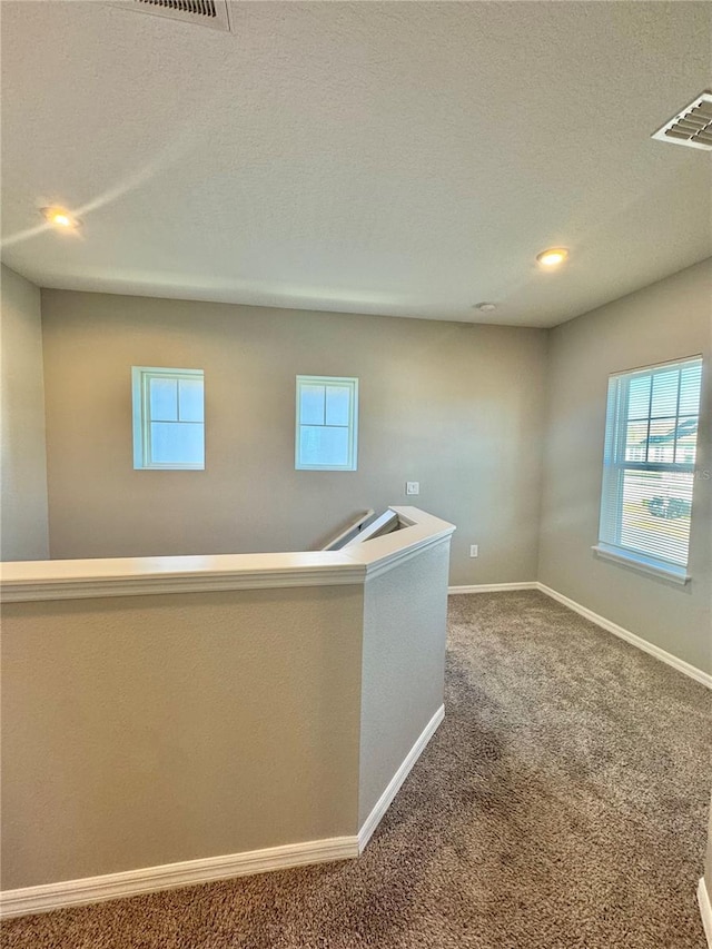 carpeted spare room with plenty of natural light and a textured ceiling