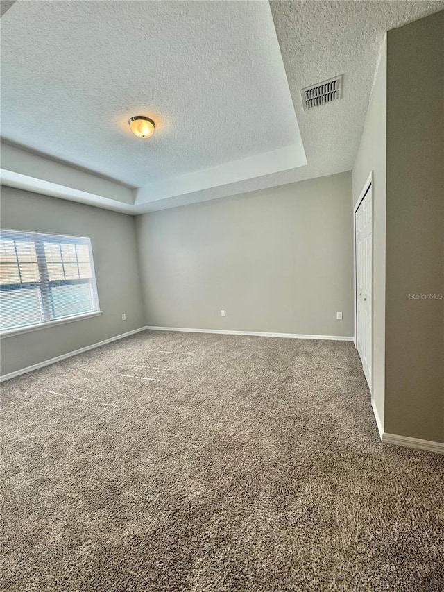 empty room featuring a raised ceiling, carpet floors, and a textured ceiling