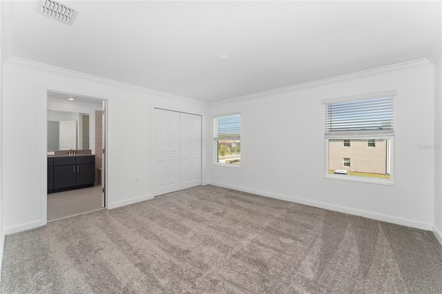 carpeted empty room featuring crown molding and sink