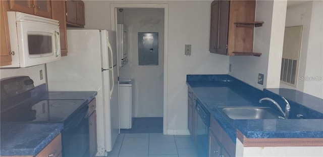 kitchen featuring black electric range oven, sink, light tile patterned floors, dishwashing machine, and electric panel