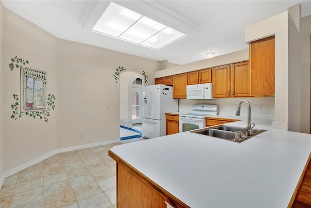 kitchen with sink, white appliances, and kitchen peninsula