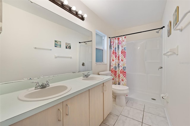 bathroom with walk in shower, vanity, toilet, and tile patterned flooring