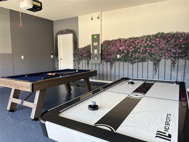 rec room featuring pool table and electric panel