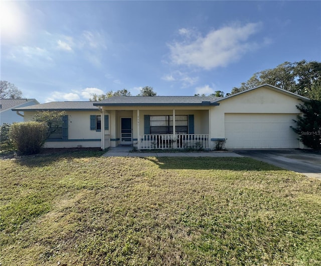 ranch-style house with a garage, a front lawn, and a porch