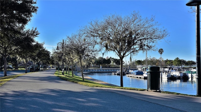 view of road with a water view