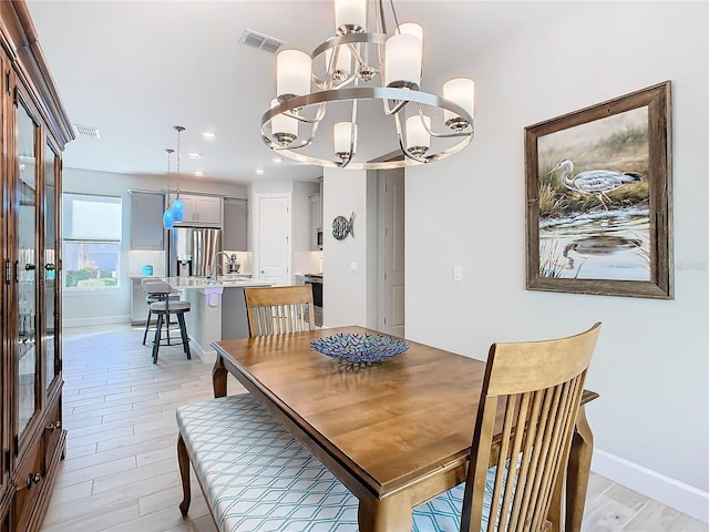 dining room with sink and light hardwood / wood-style flooring