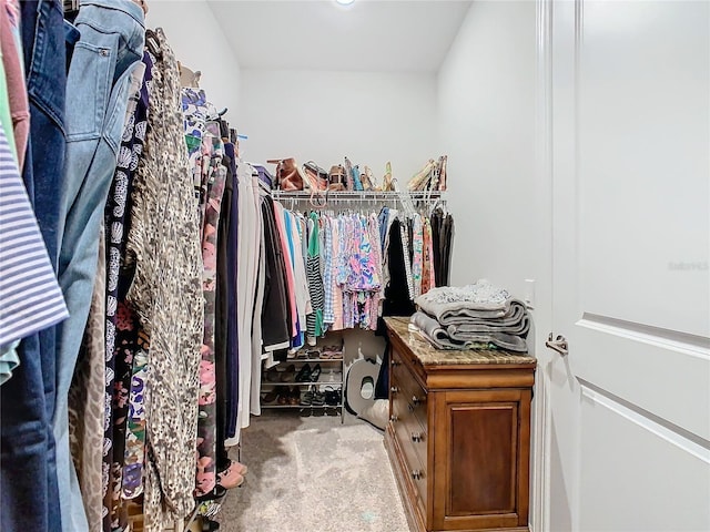 walk in closet with light carpet