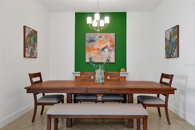 tiled dining area with a notable chandelier