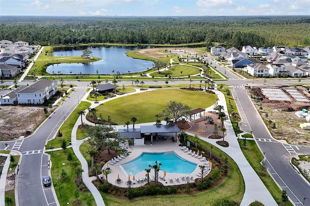 drone / aerial view featuring a water view