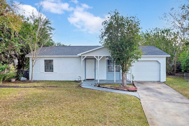 single story home featuring a garage, a porch, and a front yard