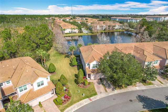 drone / aerial view featuring a water view